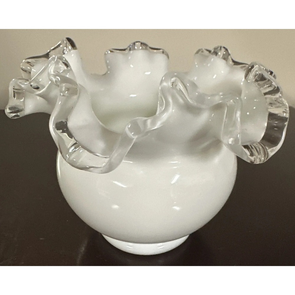 Fenton 4" White Silver Crest Glass Ruffled Rim Ball Vase Vintage